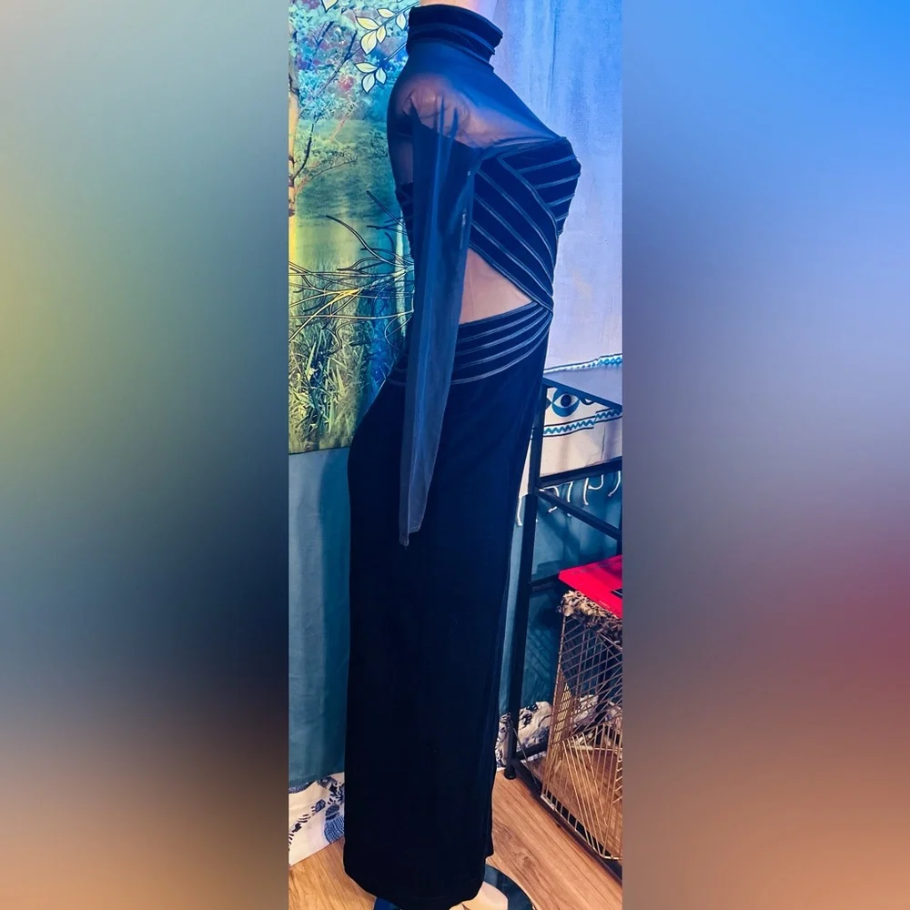 SALENOW•Cache Black Sheer-Panel Long Sleeve Cutout Velvet & Chiffon Gown - Picture 3 of 10